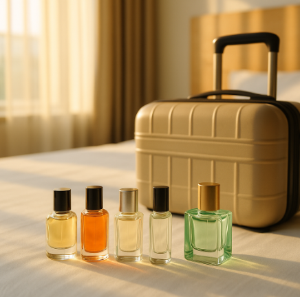 여러 여행용 사이즈의 니치향수 병들이 여행 가방 옆에 놓여있는 이미지