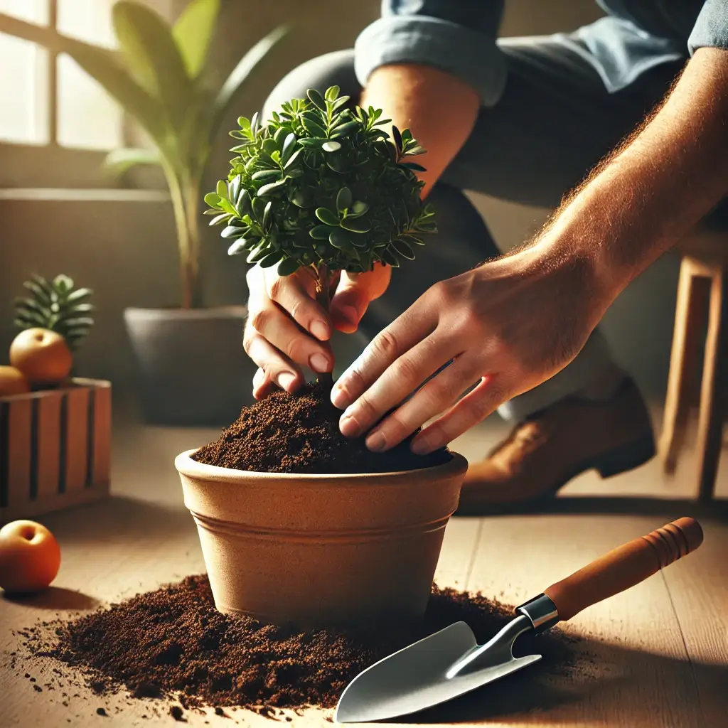 실내에서 작은 삽을 사용해 식물을 분갈이하는 모습