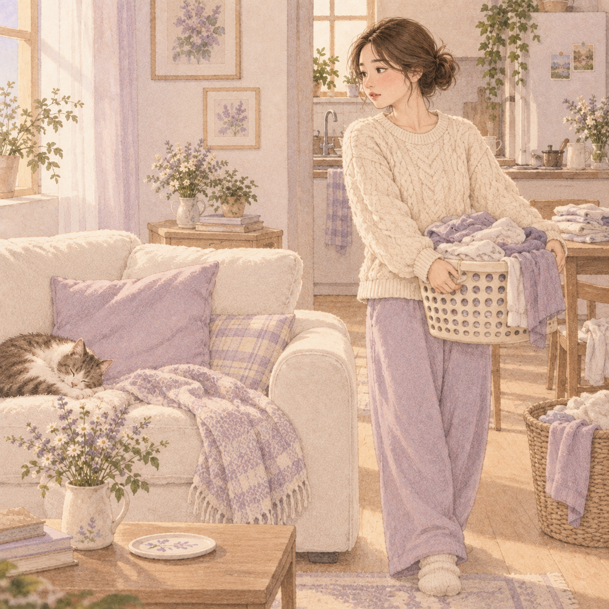 빨래와 휴식 사이에서 잠시 고민하는 은서의 일러스트