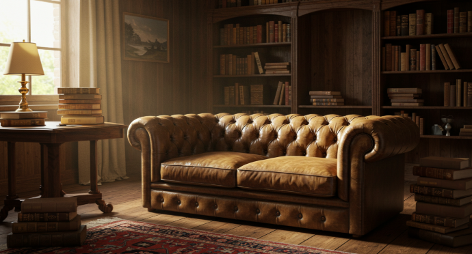 오래된 가죽 소파가 있는 서재