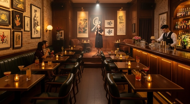 하노이 구시가지의 아늑하고 세련된 라이브 재즈 바에서 공연을 감상하는 사람들