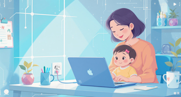 전기요금 감면 온라인 신청 중인 여성과 아이 – 가정에서 편하게 신청 가능함을 보여주는 장면