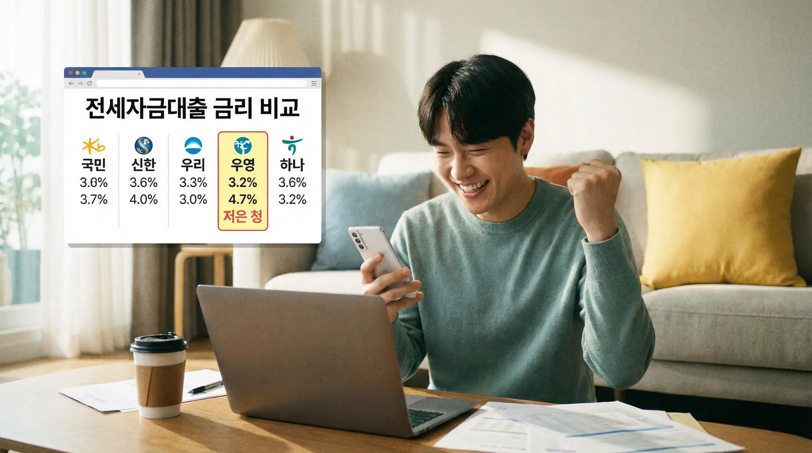 여러 은행의 전세 자금 대출 금리를 비교하고 가장 낮은 금리를 선택하여 만족해하는 모습