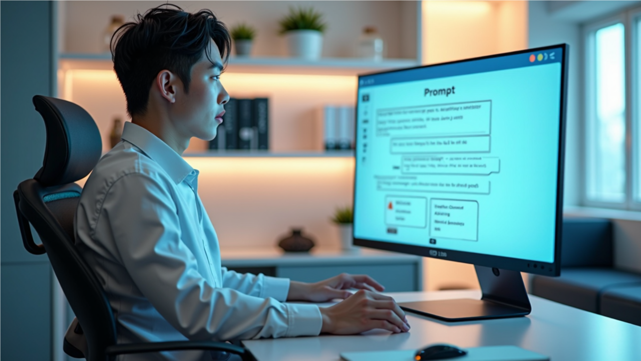 AI와 협업하며 구조화된 프롬프트 템플릿을 사용하는 사람의 모습. 디지털 화면에 템플릿 구성 요소가 표시됨