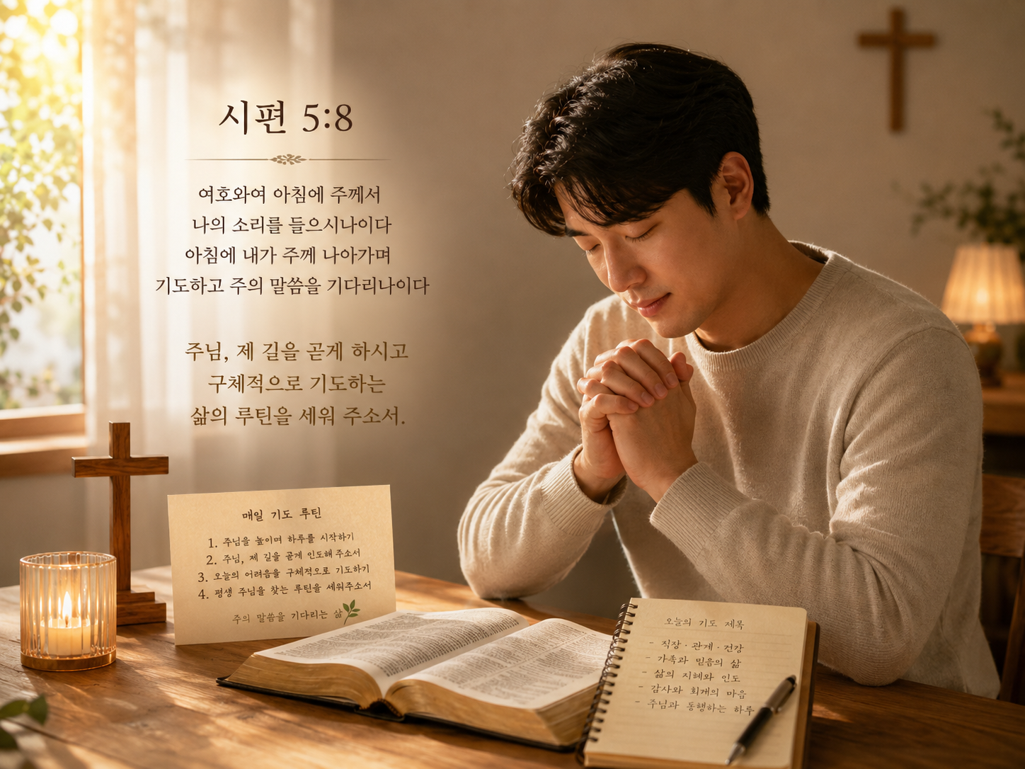 시5:8 말씀에서 제가 많은 대적을 만났을 때 제가 옳은 길로 행할 수 있도록 행할 길을 구체적으로 보여주시도록 간청하는 기도를 드리도록 제 삶의 루틴이 형성되길 기도합니다. 제가 삶에서 주님을 인정하는 삶을 살아갈 수 있기를 기도하며&amp;#44; 구체적인 기도를 드릴 수 있기를 간절히 기도합니다. 그러한 루틴이 형성되도록 간청하는 기도를 드리는 모습입니다.