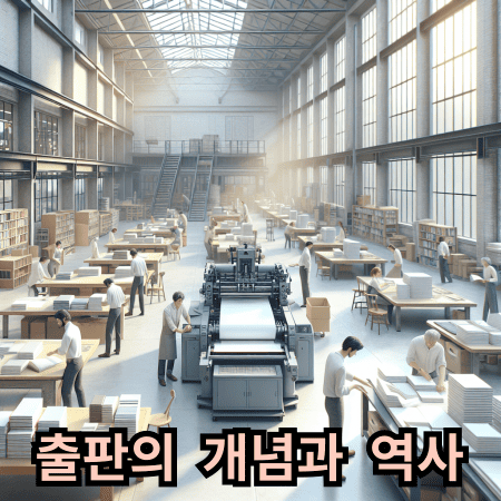 큰 공장에 가운데 인쇄기가 있고 주위로 인쇄된 하얀색의 종이와 일하는 사람들이 분주하게 움직이고 있다.