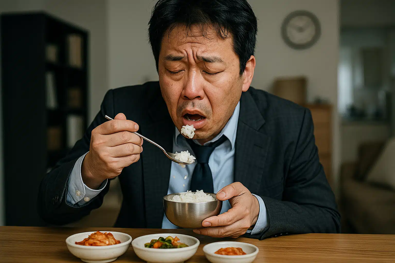 피곤한 표정으로 식사하다가 밥알을 흘리는 모습