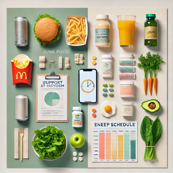 하얀 배경 위에 정리된 정크푸드, 스마트폰, 에너지 음료 vs 채소, 비타민, 수면 루틴 차트가 대조된 전문 스튜디오 비교 이미지