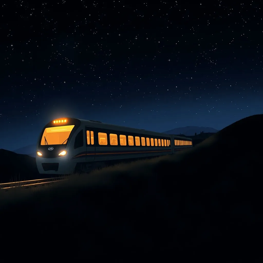 어둠 속에서 빛나는 해랑열차의 모습은 신비롭고 낭만적인 분위기를 자아냅니다. 기차의 움직임과 빛이 어우러져 잊을 수 없는 추억을 선사하는 느낌을 전달합니다.
