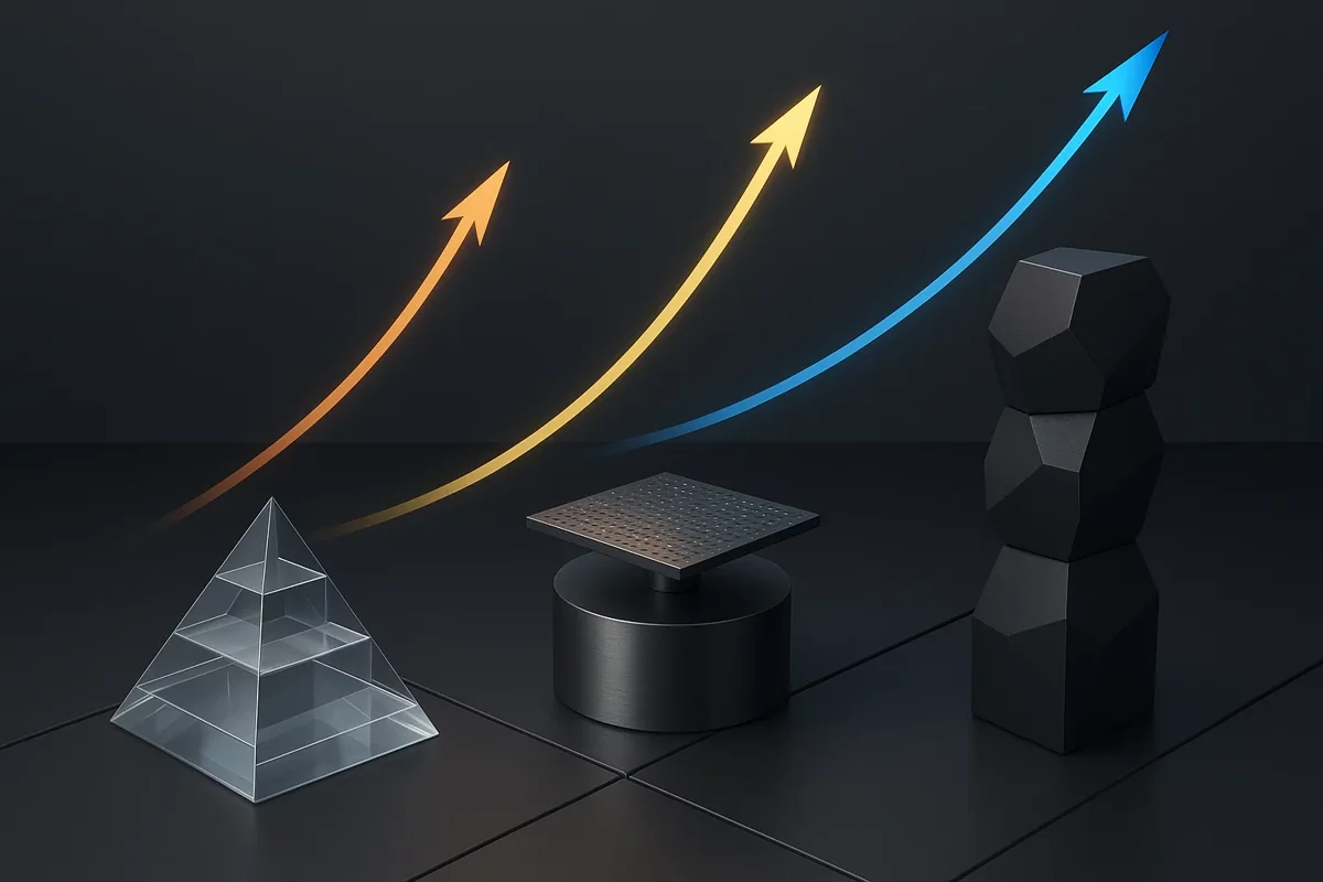 세 개의 ETF 로고와 성장하는 차트가 함께 표현된 전문적인 투자 분석 이미지