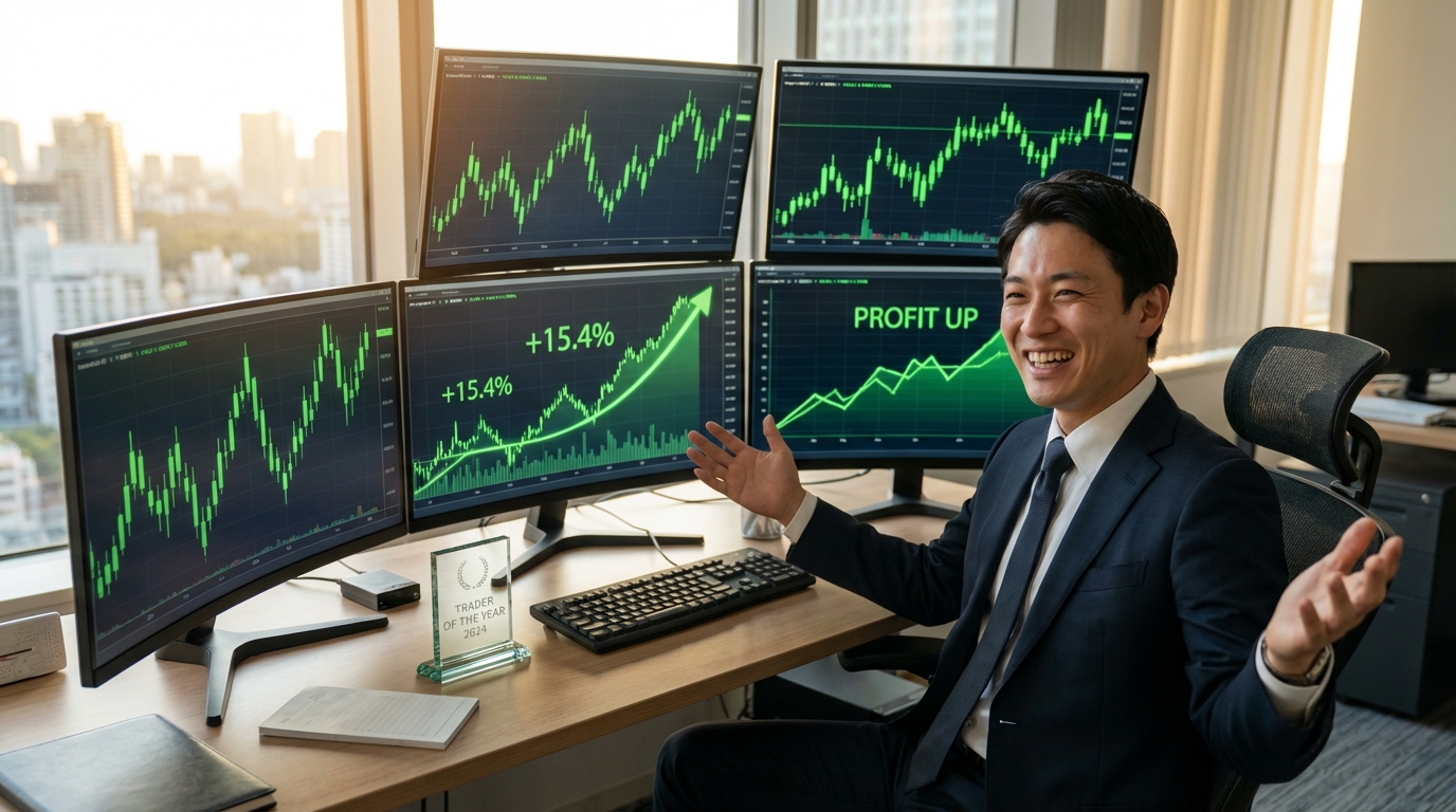 FX投資成功イメージ、利益グラフ上昇、トレーダーの喜び、成功の達成感