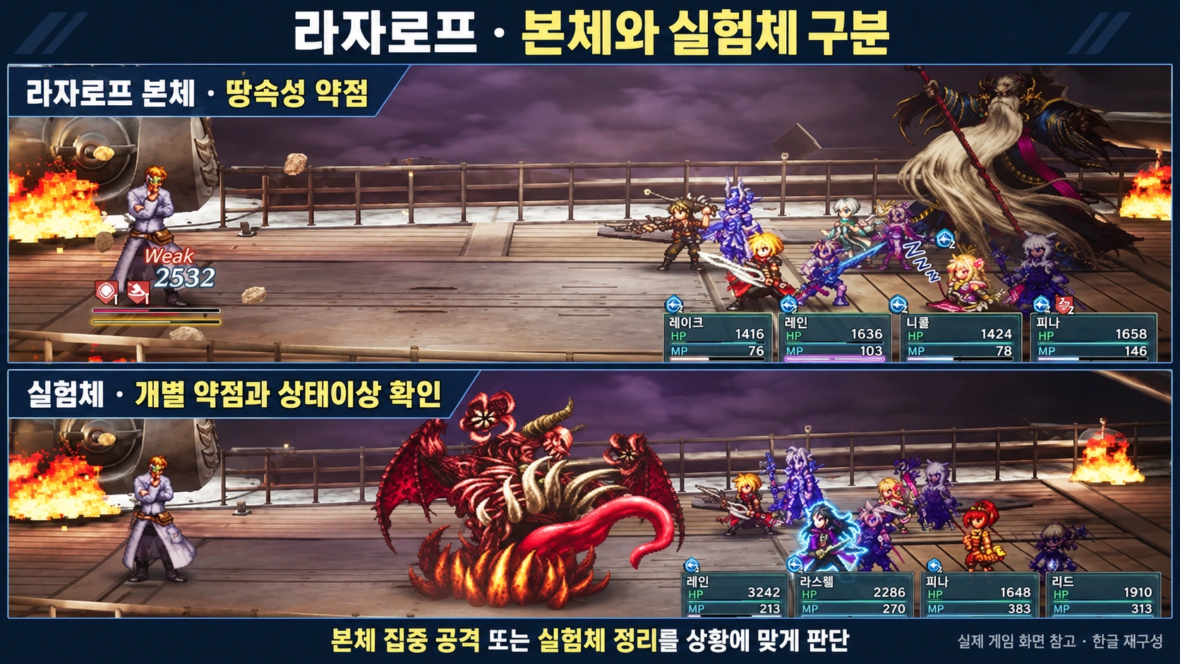 라자로프 본체의 땅속성 약점과 소환된 실험체의 개별 약점을 구분하는 전투 안내 이미지