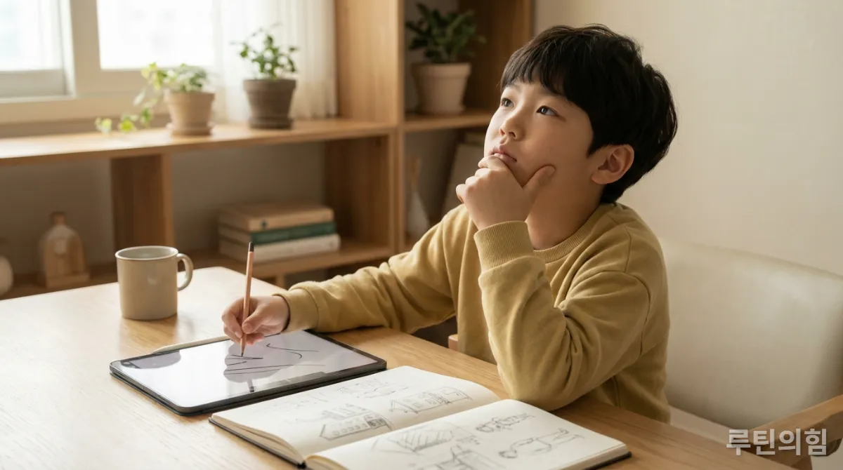창의적 사고와 비판적 사고를 하는 한국 소년의 모습