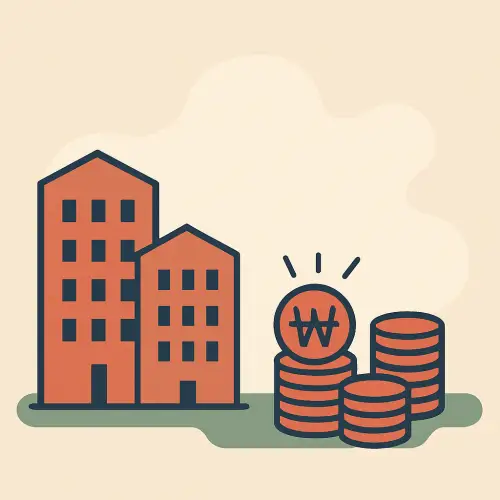 세 채의 건물과 원화 동전 더미가 배치된 부동산 투자를 상징하는 그림