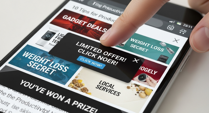 과도한 광고 배치로 인해 가독성이 떨어져 독자가 이탈하는 모바일 블로그 화면