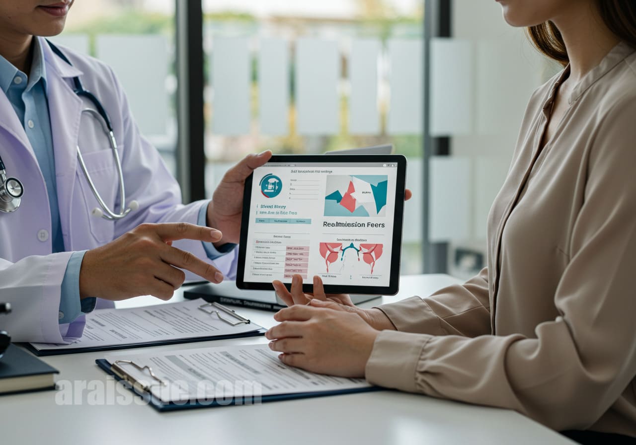 자궁근종 수술 후 재입원비 보장 여부를 설명하는 외국인 의사와 여성 환자. 디지털 태블릿을 통해 재입원비와 보장 범위를 설명하는 모습.