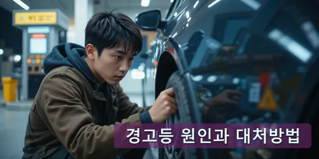 타이어 공기압 경고등 점검 중인 남성
