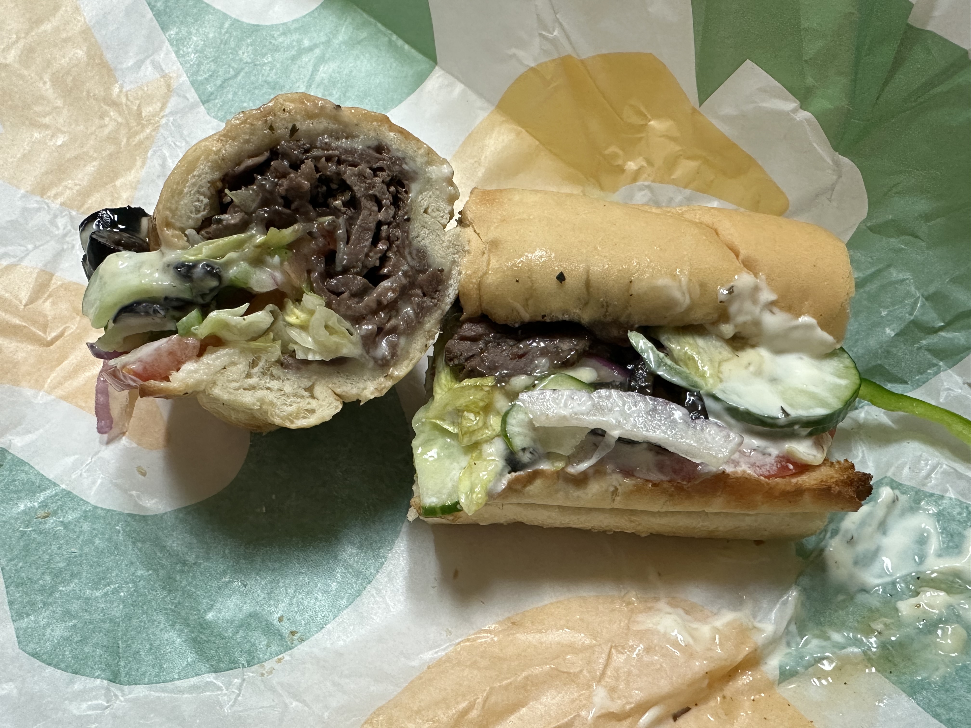 Subway Toshi Beef Premium Sandwich with mushrooms and fresh vegetables