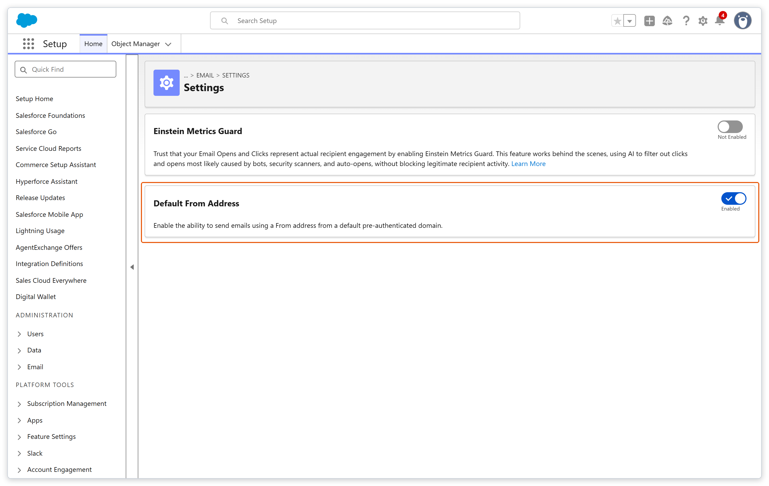 Email Settings의 Default From Address가 Enabled