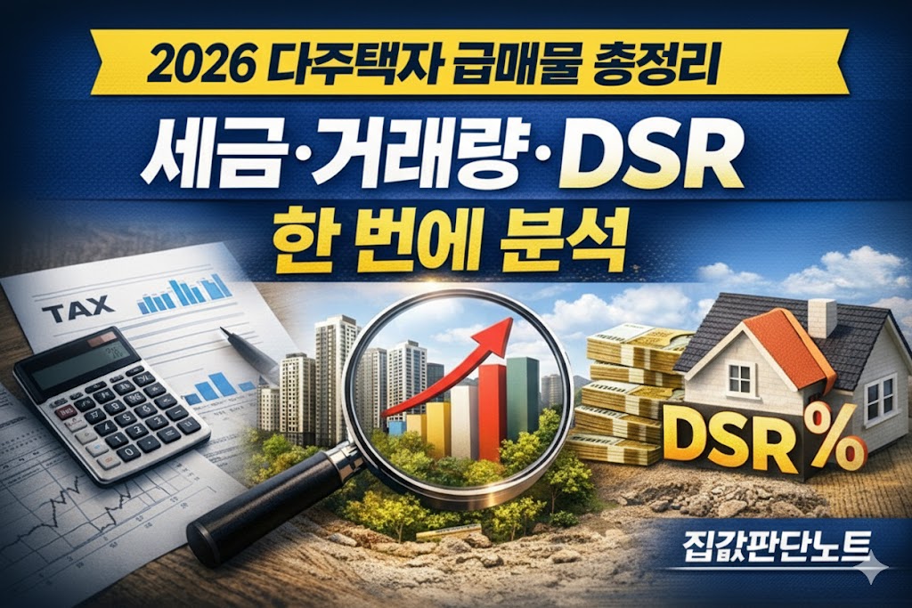 2026년 부동산 시장의 다주택자 급매물과 세금, 거래량, DSR 규제를 분석하는 집값판단노트 대표 썸네일 이미지