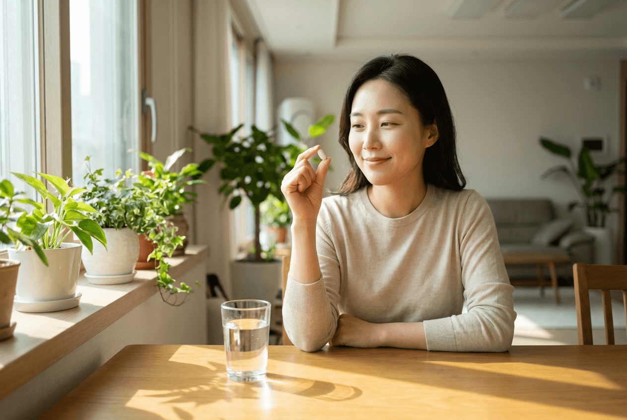 한국인 여성이 편안한 표정으로 정제를 손에 들고, 밝은 주방이나 거실에서 자연스럽게 섭취하는 모습