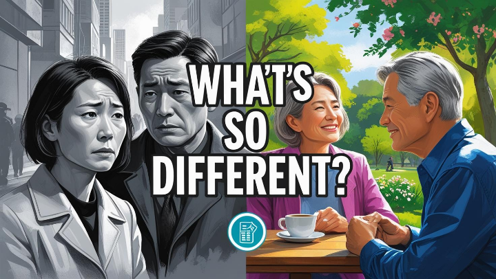 한국과 미국의 퇴직연금 현실을 비교하는 일러스트. 한국은 걱정, 미국은 여유로운 모습이 대조적으로 표현됨