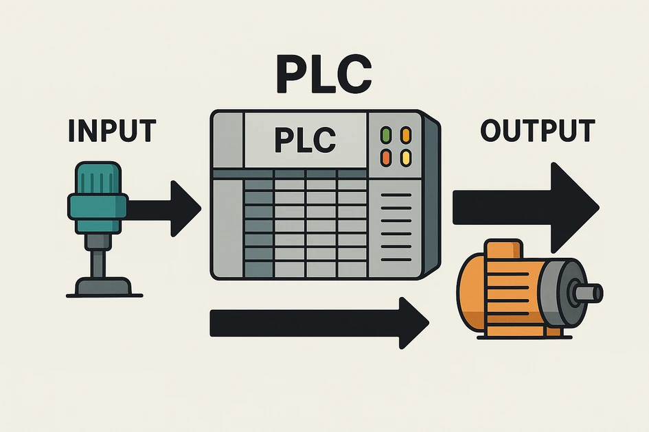 PLC 입력-처리-출력 구조를 나타내는 산업 자동화 개념 일러스트