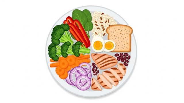 채소와 단백질이 균형 잡힌 건강한 식단 접시