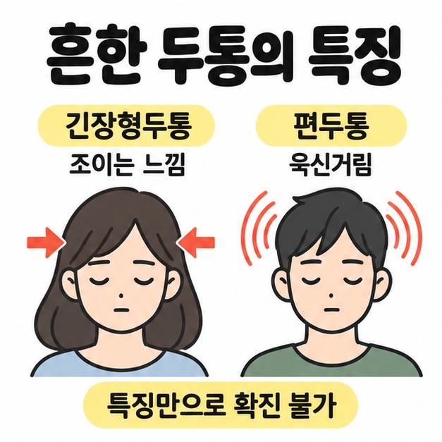 긴장형두통의 조이는 느낌은 머리 양옆을 향한 화살표로, 편두통의 욱신거림은 머리 주변 곡선으로 표현되어 있으며 특징만으로 확진 불가 문구가 있다.