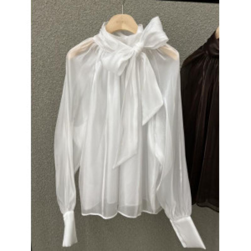 왕리본 블라우스 정장 면접 셔츠 상의 시스루