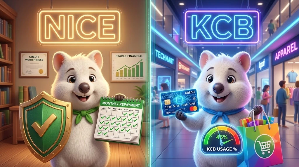 화면이 반으로 나뉘어 있음. 왼쪽에는 'NICE' 네온사인 아래서 튼튼한 초록색 방패와 동그라미 쳐진 달력을 든 쿼카(성실한 상환 상징). 오른쪽에는 'KCB' 네온사인 아래서 빛나는 신용카드와 사용량 게이지를 들고 있는 쿼카(카드 소비 패턴 상징).
