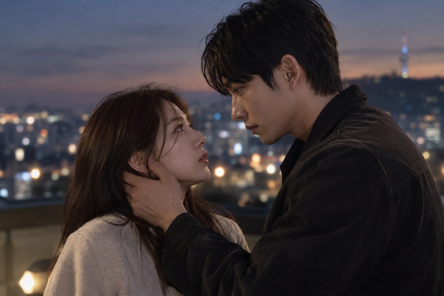 넷플릭스 드라마 이런 엿같은 사랑의 남녀 주인공이 밤의 도시를 배경으로 마주 보고 있는 장면