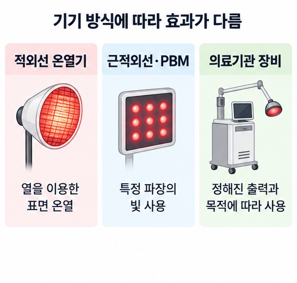 적외선 온열기와 근적외선 광생체조절 장비의 작용 방식과 근거 차이를 비교한 이미지