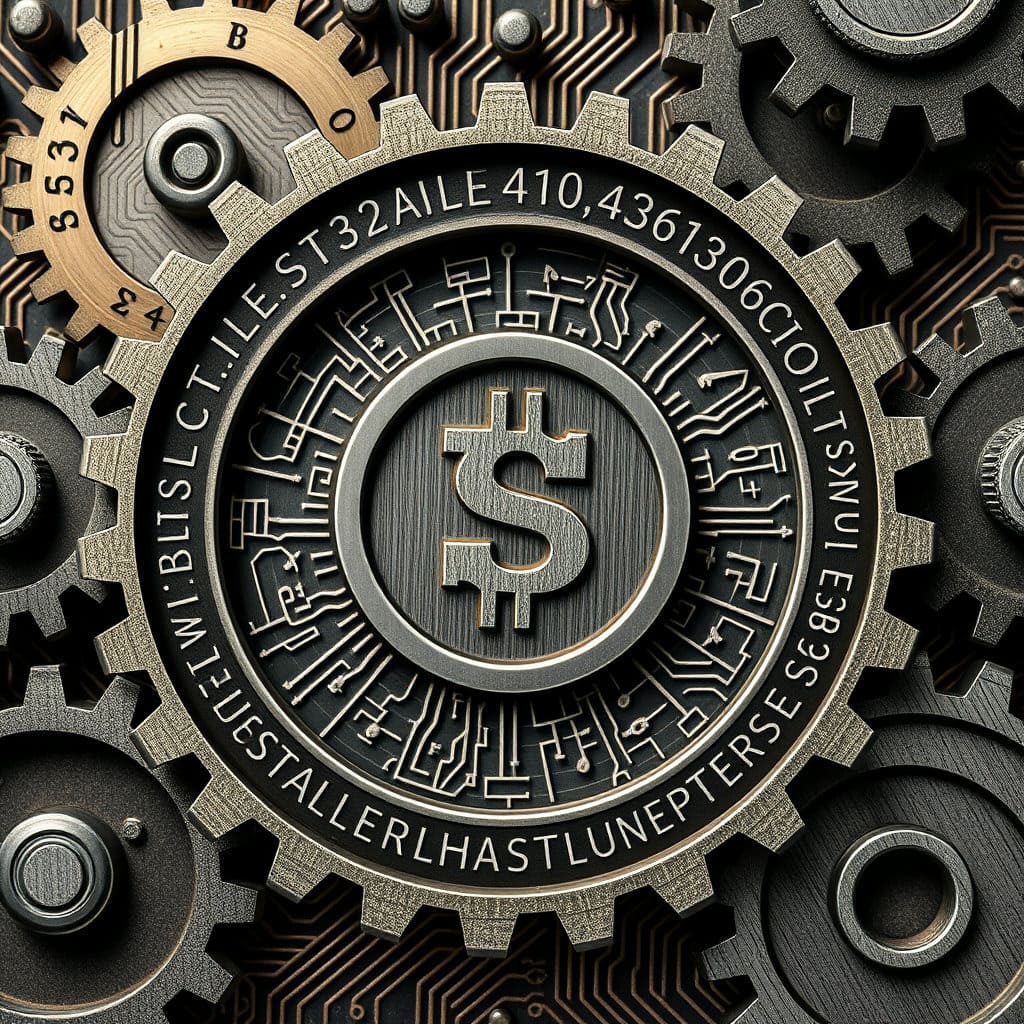 복잡하게 맞물려 돌아가는 톱니바퀴나 기어들, 또는 정교한 회로 기판 이미지 속에 스테이블 코인 아이콘이 위치한 모습을 묘사합니다. 톱니바퀴나 기판에는 수학 공식, 코드 라인, 데이터 흐름과 같은 요소들을 추상적으로 새겨 넣어 알고리즘 기반임을 나타냅니다. 전체적으로는 정교하고 기술적인 느낌을 주지만, 약간의 복잡성이나 잠재적 취약성을 시사하는 요소(예: 완전히 매끄럽지 않은 기어 맞물림)도 포함할 수 있습니다.