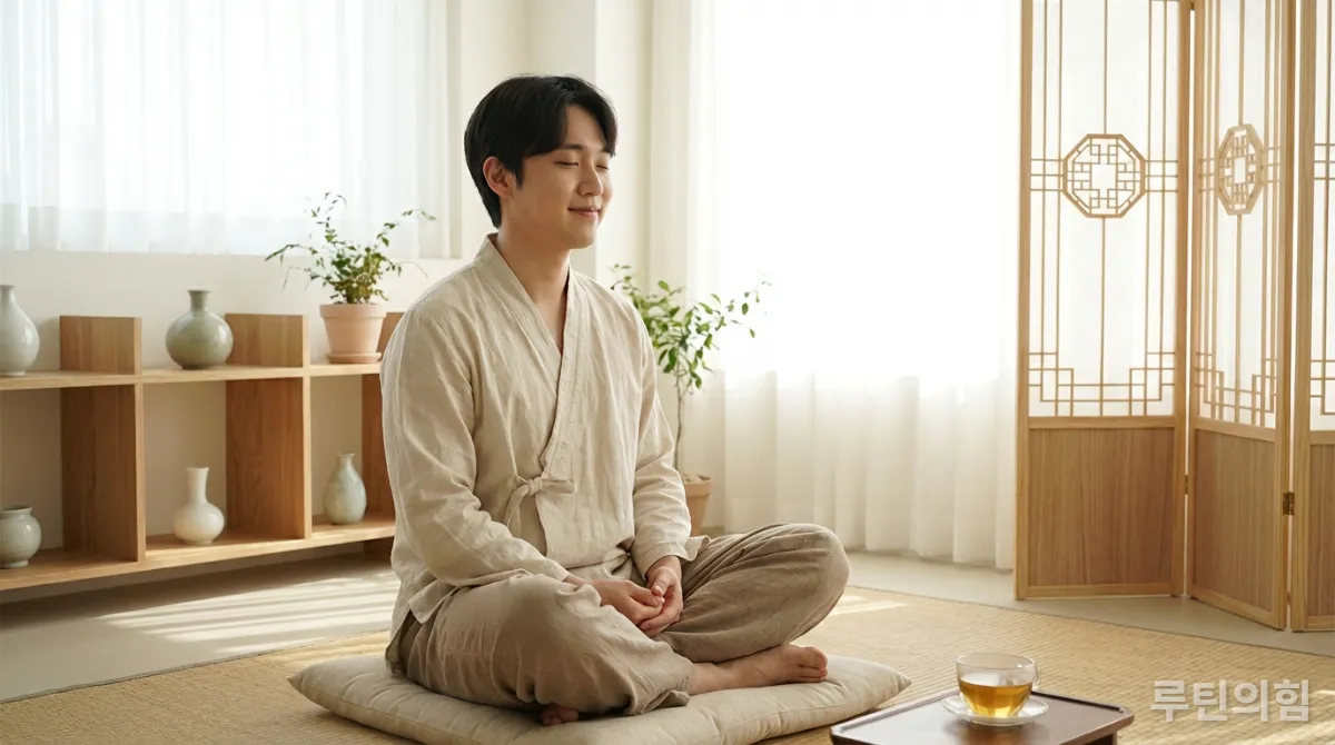 평화로운 공간에서 명상하는 한국인 성인의 모습