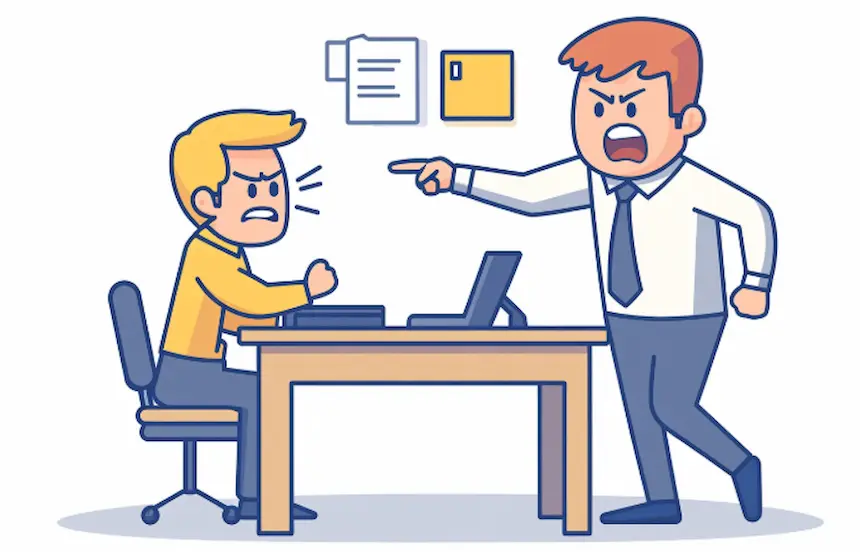 서로 업무 중 오해로 인해 갈등하는 장면, 앉아있는 사람에게 손가락질하며 소리지르는 서 있는 사람과 화난 표정으로 대답하는 사람