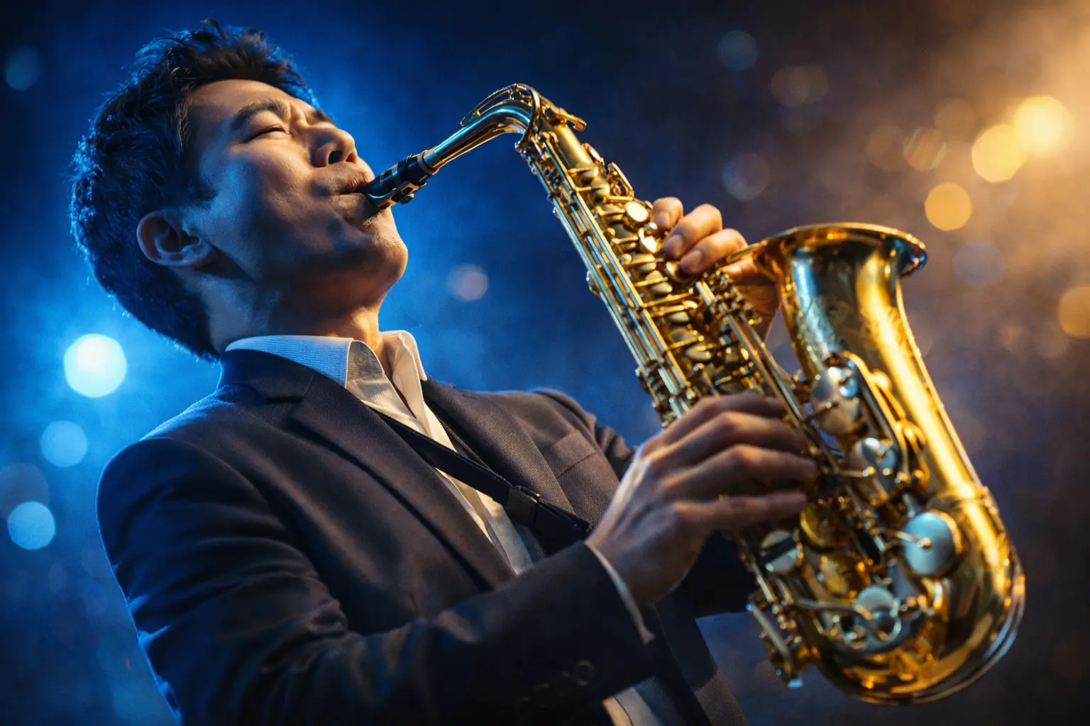 시원한 고음을 연주하는 색소폰 연주자와 앙부슈어 자세