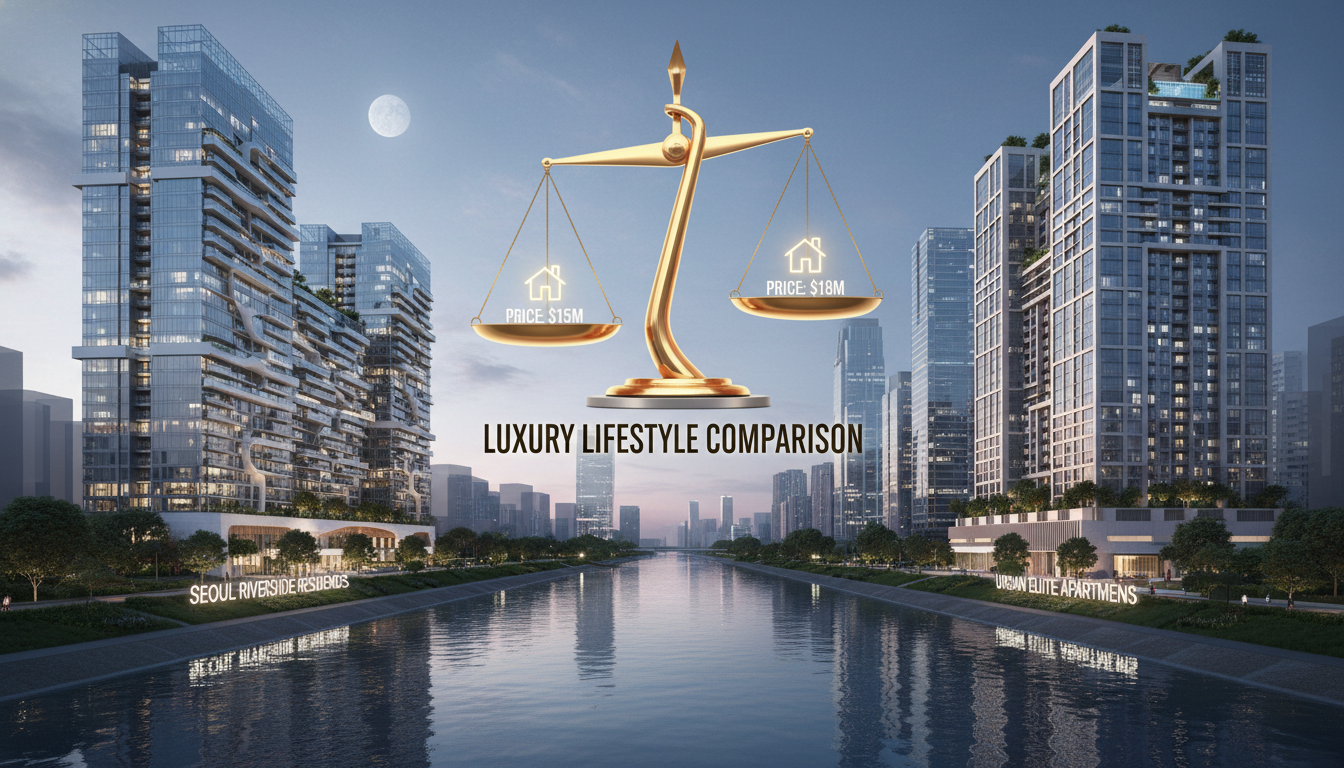 2026년 이촌 르엘과 아크로드 서초의 고급스러운 아파트 외관과 분양가 저울질 일러스트