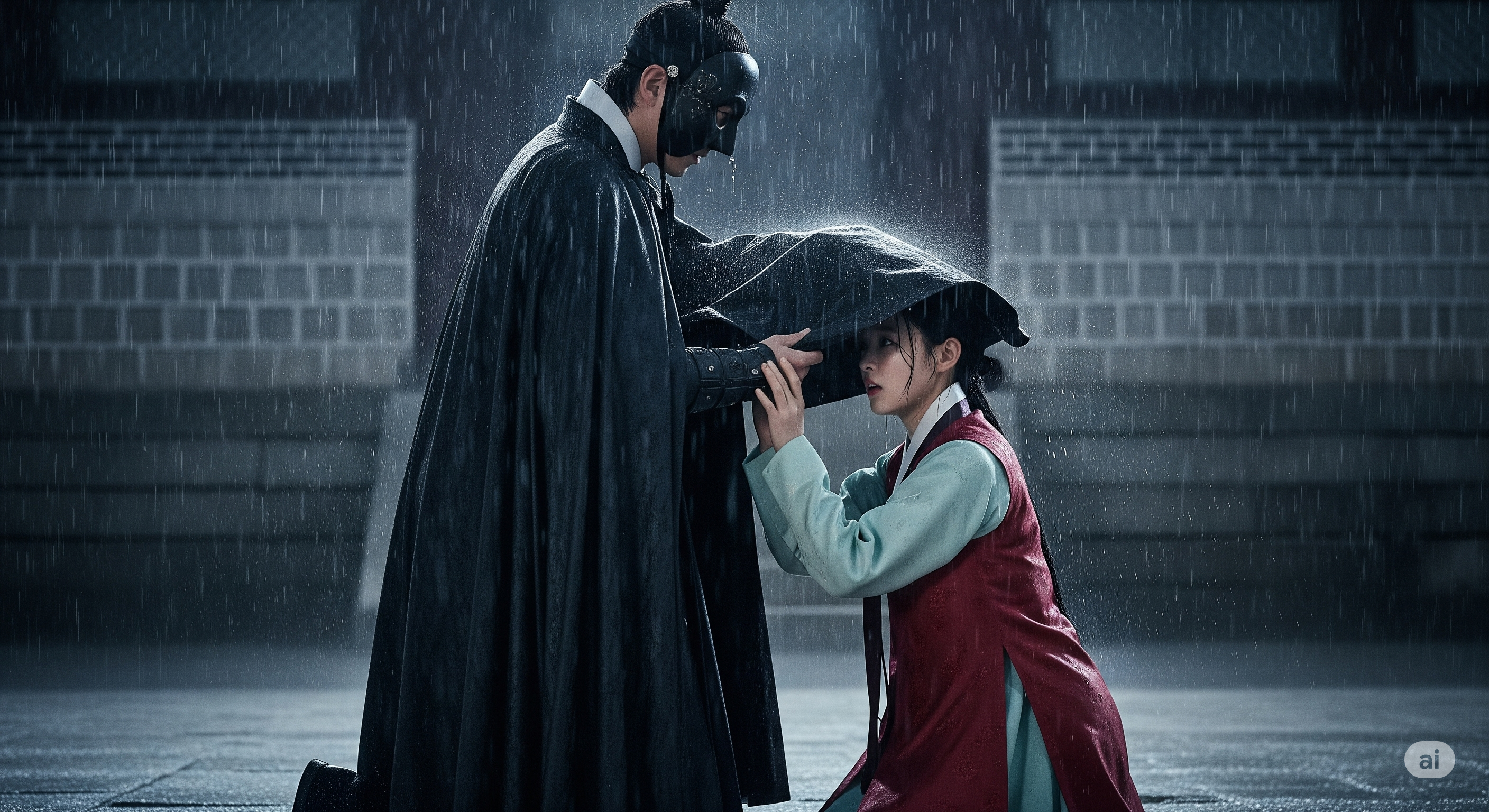 The iconic scene of Wang So protecting Hae Soo in the rain from 'Moon Lovers'