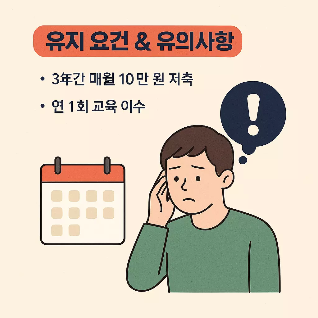 &ldquo;청년내일저축계좌 유지 요건과 유의사항을 설명하는 이미지. &lsquo;3년간 매월 10만 원 저축&rsquo;, &lsquo;연 1회 교육 이수&rsquo; 문구와 함께 걱정하는 표정의 남성과 달력, 느낌표 아이콘이 함께 묘사되어 있다.&rdquo;