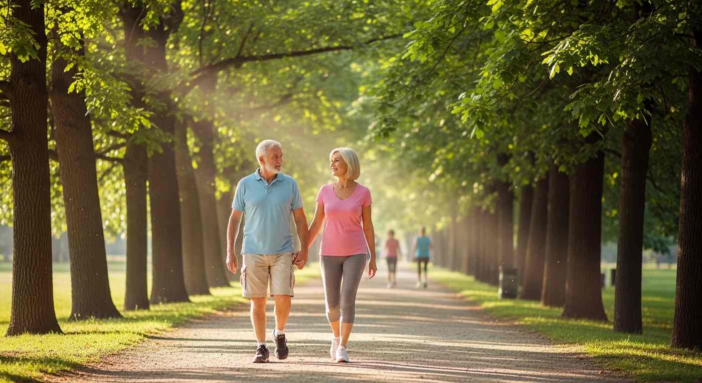 나무가 있는 산책로에서 걷는 장면