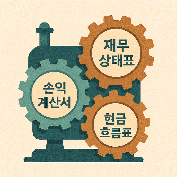 세 개의 톱니바퀴(재무상태표, 손익계산서, 현금흐름표)가 서로 맞물려 돌아가며 기업이라는 큰 기계를 움직이는 모습.