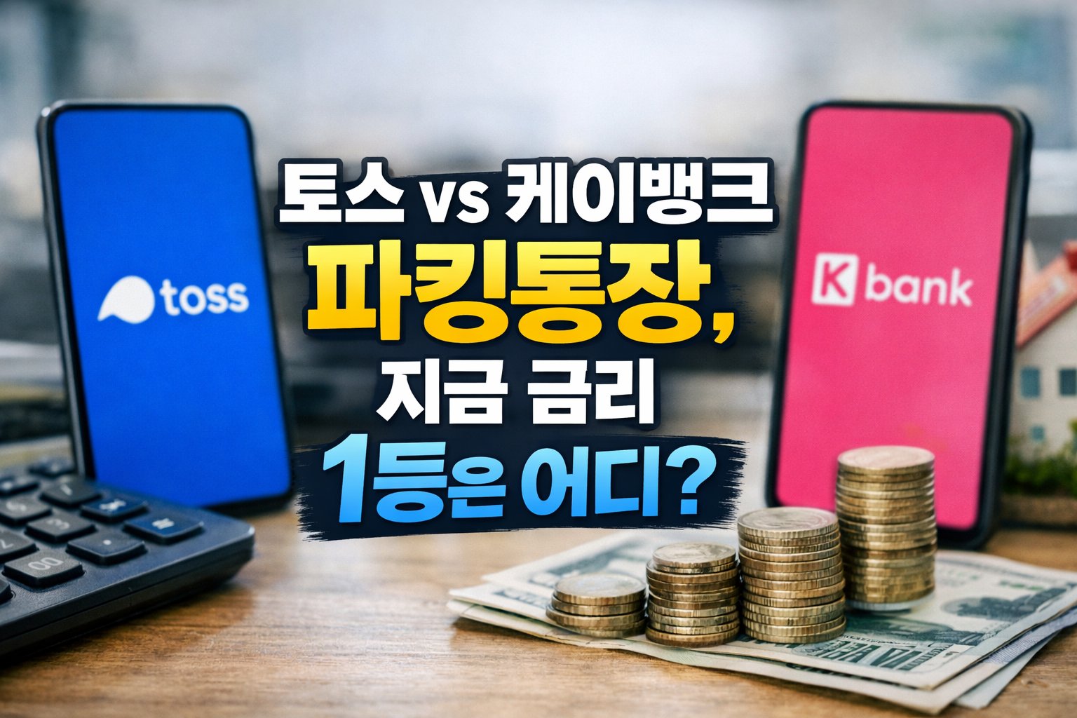 토스뱅크와 케이뱅크 파킹통장 금리를 비교하는 이미지. 스마트폰 화면에 토스와 케이뱅크 로고가 보이고, 동전과 지폐가 놓여 있어 파킹통장 금리 비교 주제를 표현함.