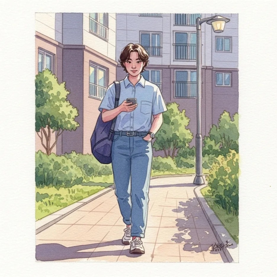 주변을 살피며 걷는 사람의 모습