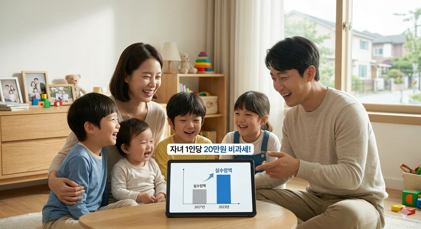 2026년 7월 보육수당 비과세 한도 확대로 늘어난 실수령액 그래프를 보며 기뻐하는 다자녀 가족 사진