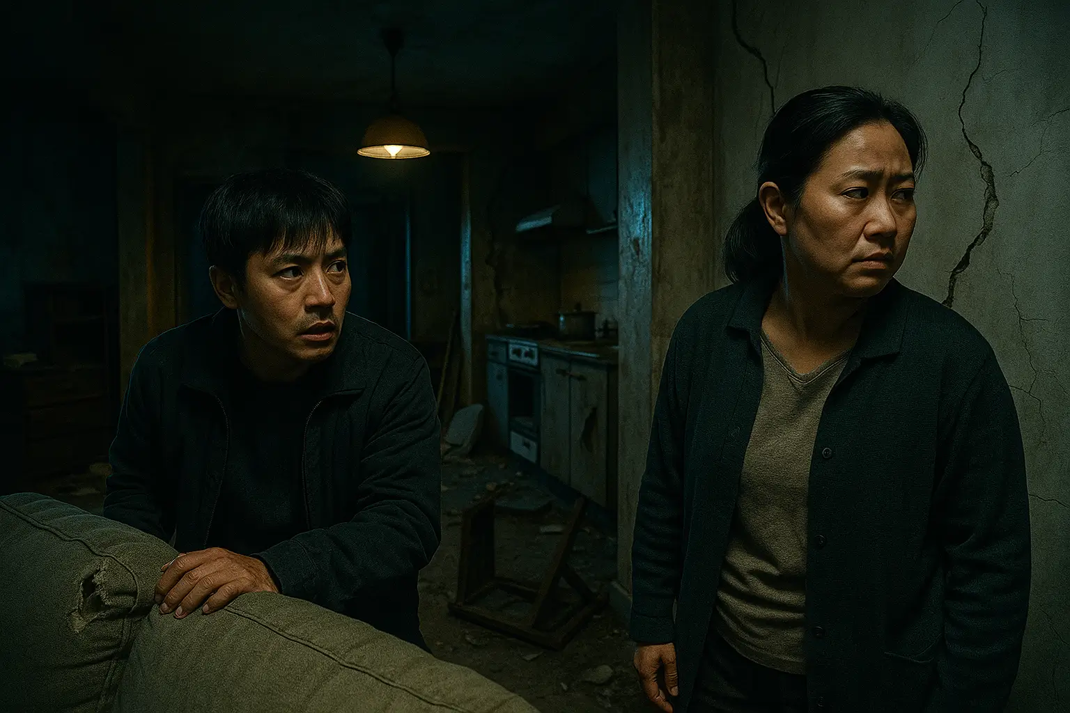 집이라는 공간이 더 이상 안전하지 않은, 무너지는 일상을 묘사한 스릴러 장면