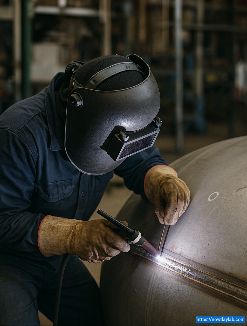 Welder performing TIG welding on a pressure vessel seam under inspection