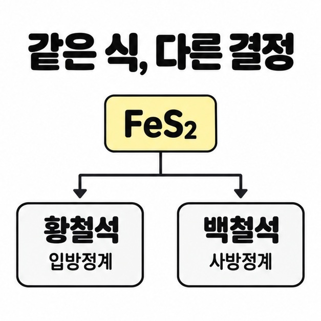 같은 FeS2에서 황철석의 입방정계와 백철석의 사방정계로 나뉘는 결정 구조 분류 도식