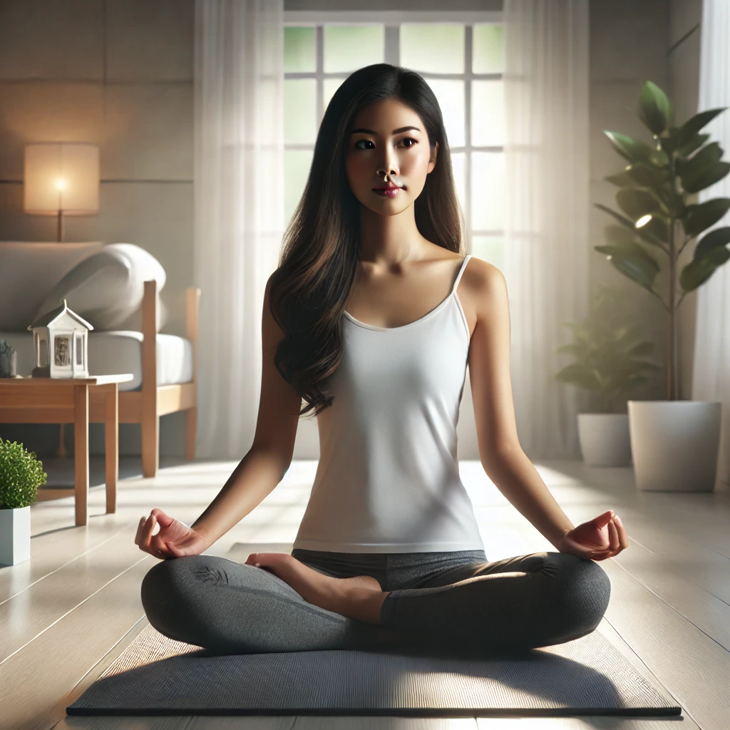 30대 중반의 한국 여성이 고요한 방에서 요가 매트 위에 앉아 명상하며 평온하고 집중된 표정을 짓고 있는 모습, 부드러운 조명과 미니멀한 장식이 긍정성과 명료함을 강조