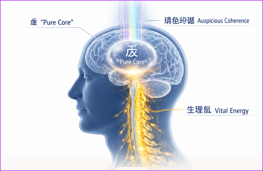 참전계경 제17사 허령의 원리에 의거하여, 에고의 잡념을 완벽히 소거하고 이마 전두엽 한가운데에 진공의 영대를 가설하여, 우주의 거대한 율려 에너지(생이기)를 척추와 세포 끝자리(미진)까지 무저항 상태로 전도시키는 인지생리학적 회로도